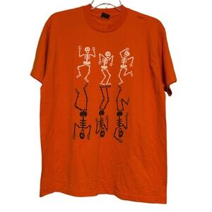 Vintage 90s Unisex Adult Dancing Skeletons Halloween Tee in Orange Sz XL